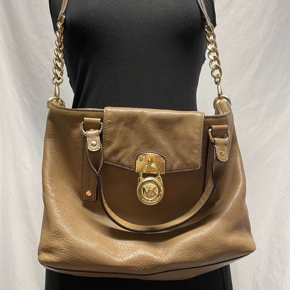 Michael Kors Camel and Gold colored Purse Bag With Handles and Cross Body Strap